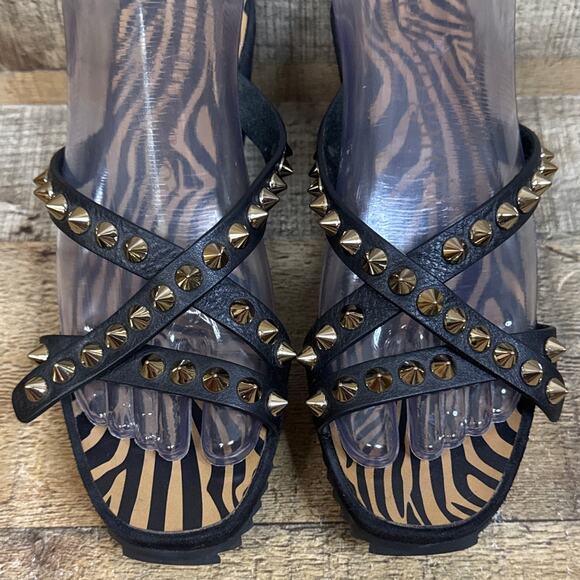 NEW Pedro Garcia Black Leather Wedge Sandals Cross Strap Gold Studded Size 37 7 - Picture 2 of 11
